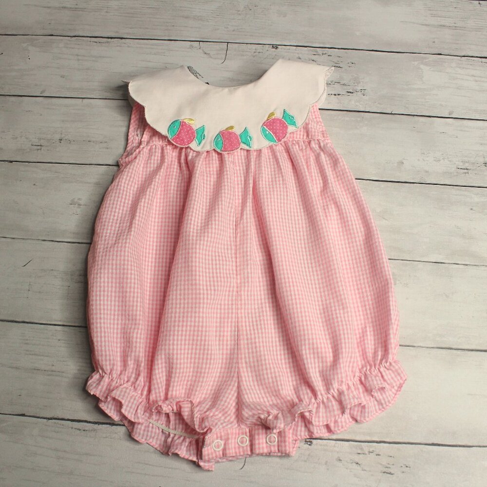 Vintage Cuties by Judy Girl's Pink Gingham Bubble Romper Size 6-9 Months Fish